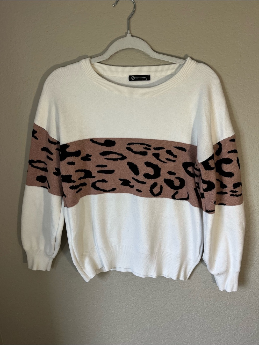 Prettygarden Leopard Color Block Sweater Medium White Black Knit Pullover